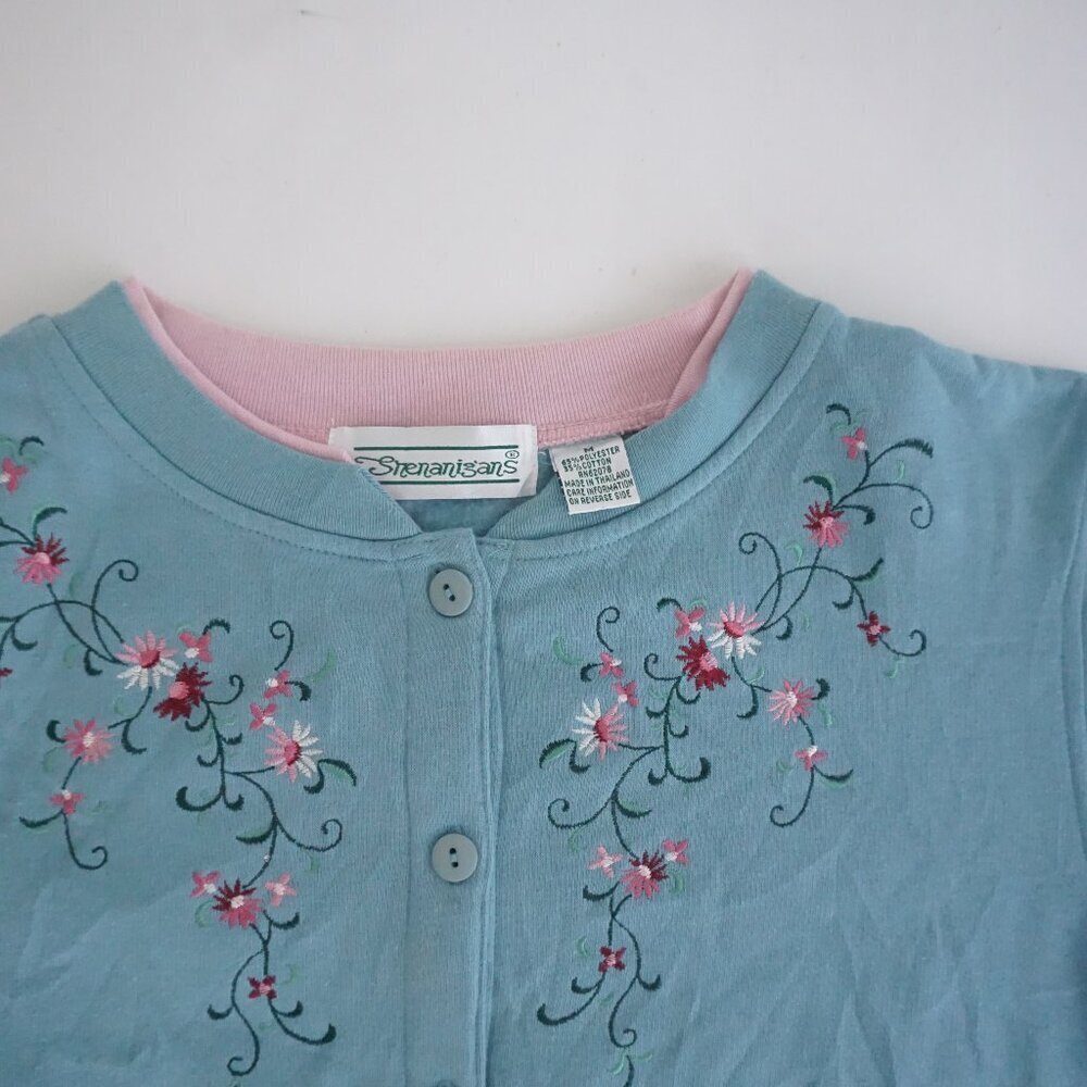 Vintage Shenanigans Blue Floral Embroidered Cotton Blend Cardigan Cottagecore M - Picture 9 of 9